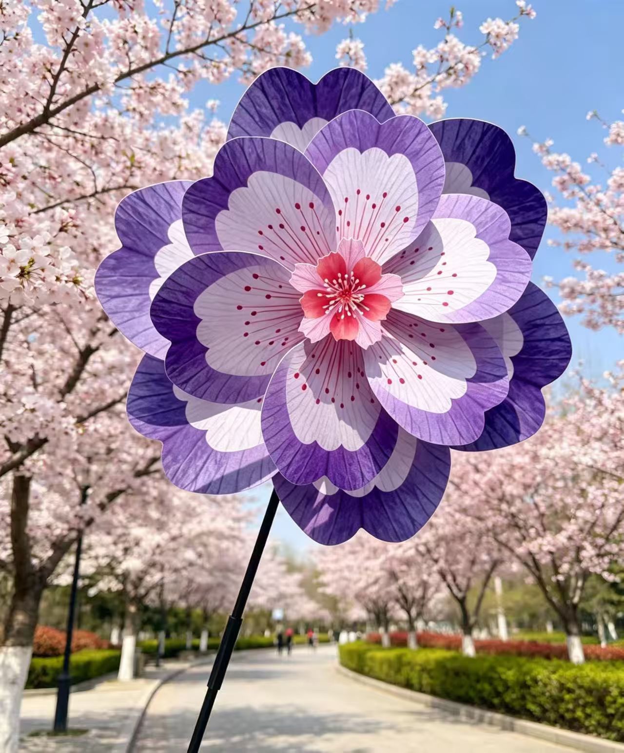 Spring flower Windmill Wall Scenic Area outdoor garden decoration children's hand-held rotating flower plastic windmills Application Scenario