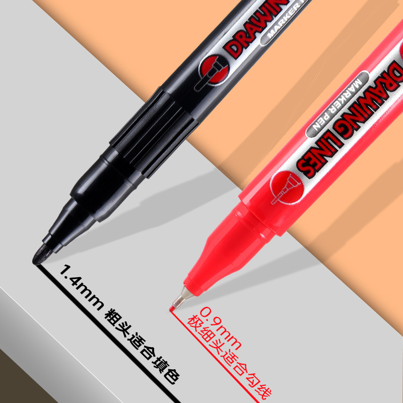 Bao Ke small double-headed oil-based marker pen, red, blue, black outlining pen, ink-refilling, express logistics pen, marker pen details Picture