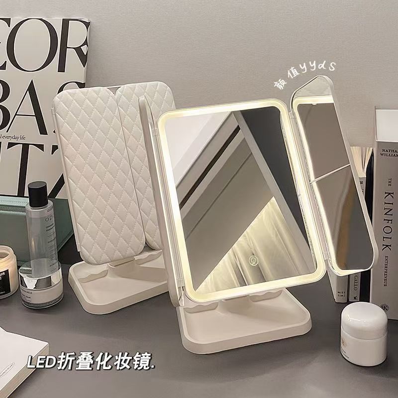 三折叠带灯化妆镜白底实物图