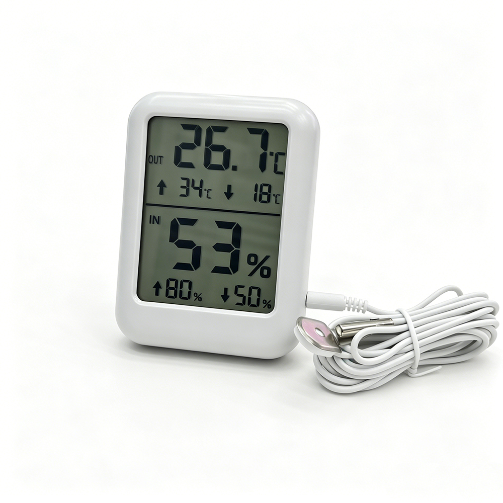 The alarm thermometer and hygrometer with a plastic casing accurately measures temperature and humidity
