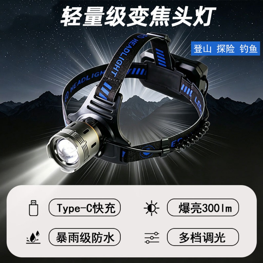 New cross-border zoom high-power white laser USB charging aluminum alloy outdoor head-mounted high-intensity fishing lamp and miner's lamp