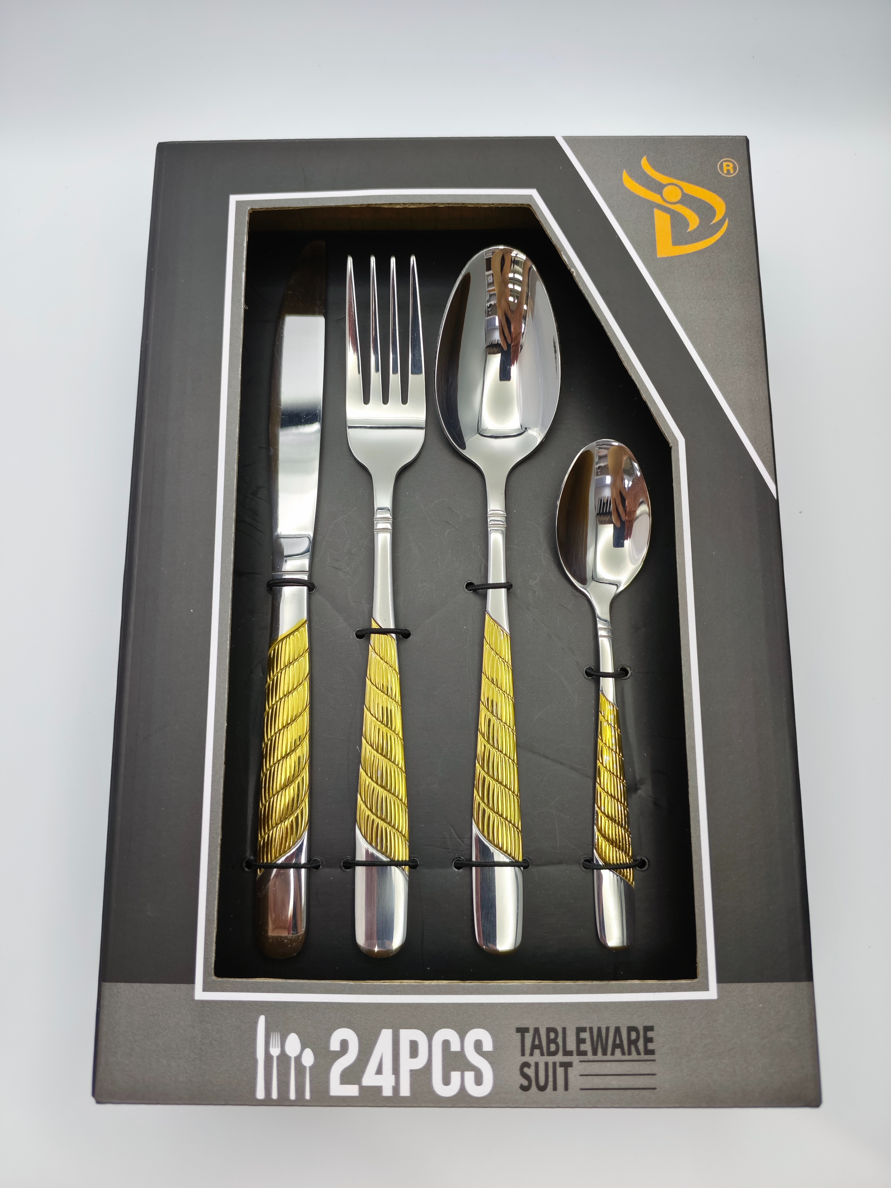 Plata oro estampado acero inoxidable cuchillos y tenedores cuchara set set caja de regalo negro hotel vajilla boutique acero inoxidable mesa y tenedor cuchara set Specification image