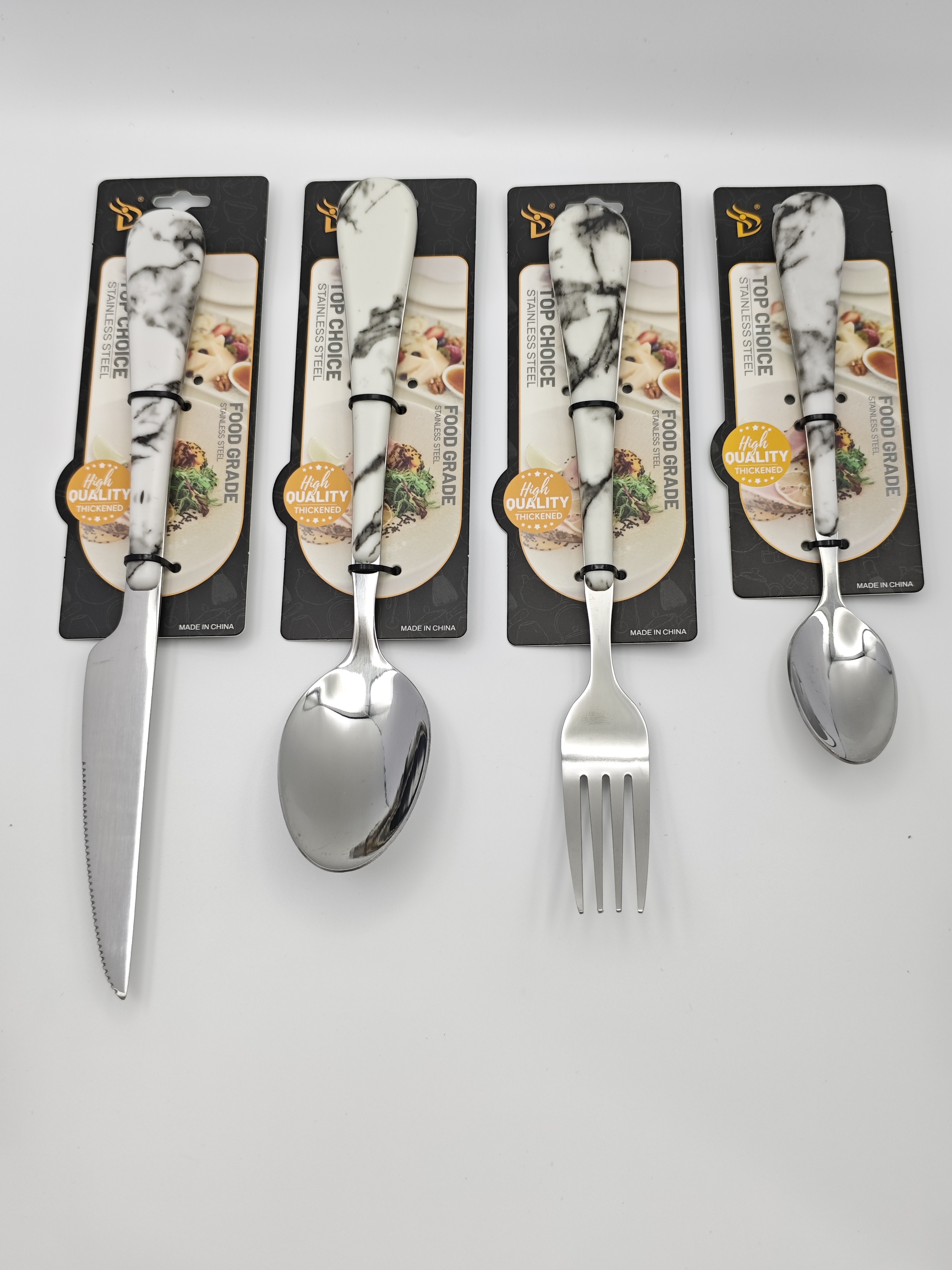 Marble-patterned handle stainless steel tableware set, white and black marble-patterned handle stainless steel knives, forks and spoons