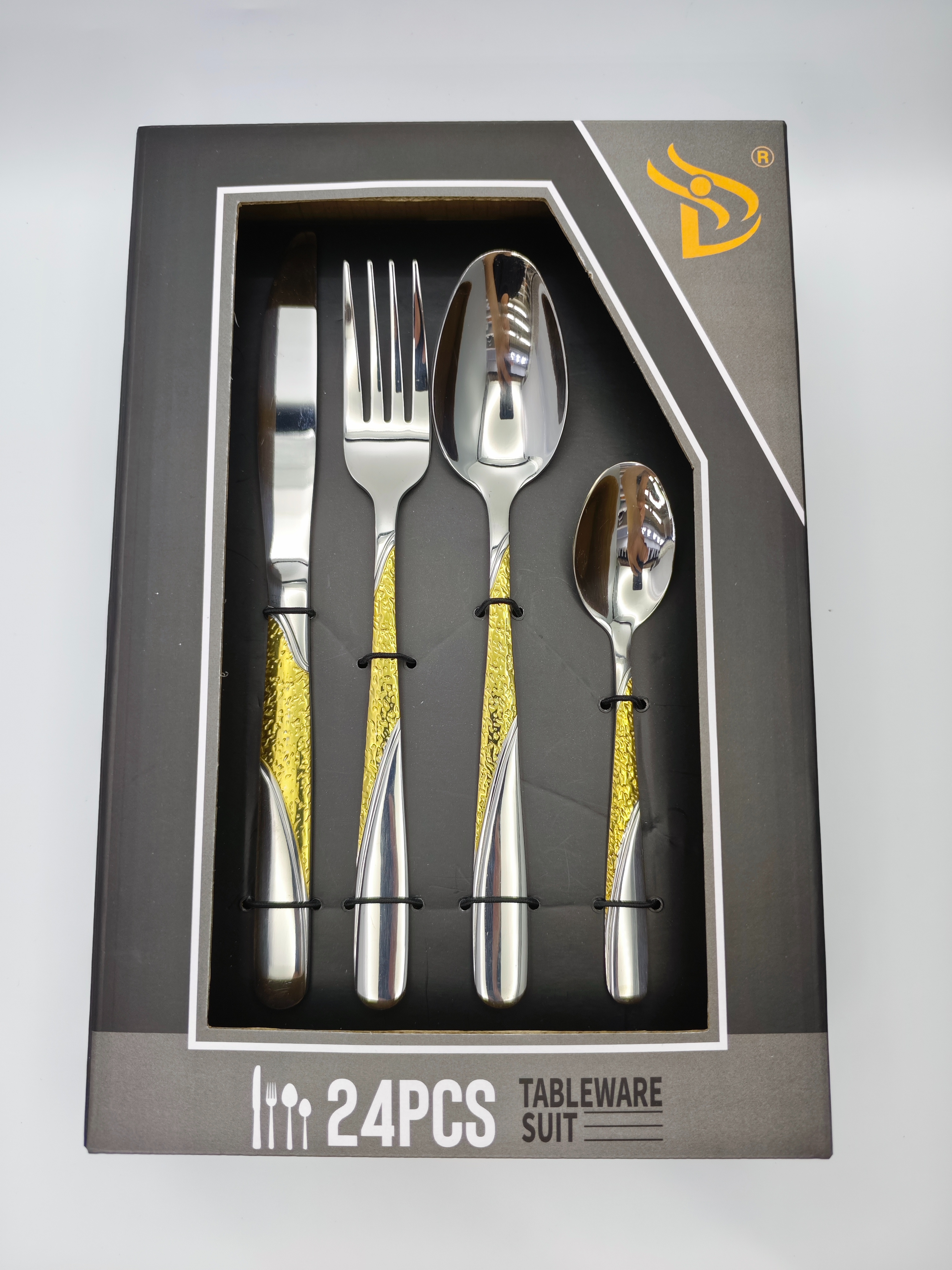 Plata oro estampado acero inoxidable cuchillos y tenedores cuchara set set caja de regalo negro hotel vajilla boutique acero inoxidable mesa y tenedor cuchara set