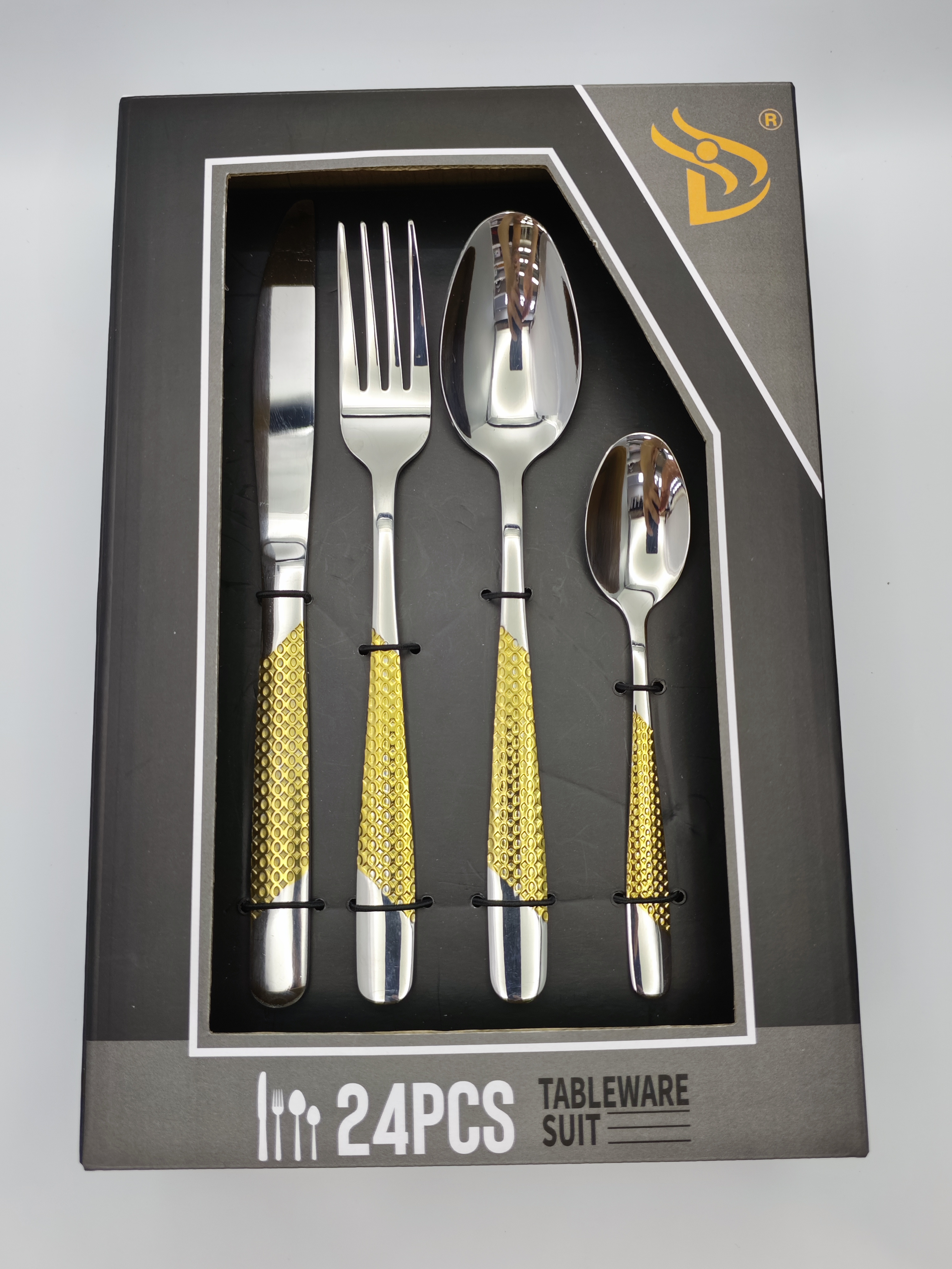 Plata oro estampado acero inoxidable cuchillos y tenedores cuchara set set caja de regalo negro hotel vajilla boutique acero inoxidable mesa y tenedor cuchara set details Picture