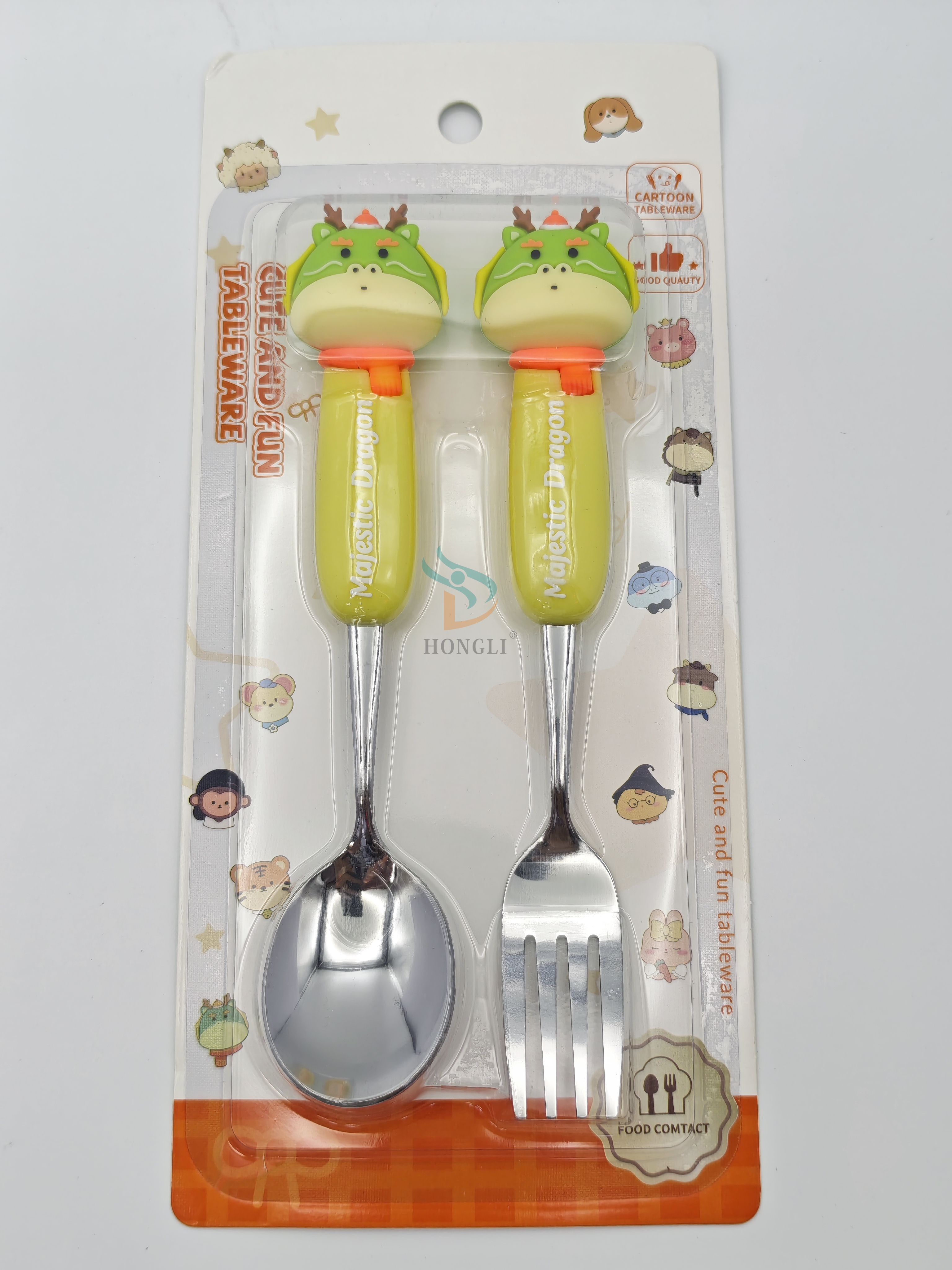 Cartoon animal-shaped children's stainless steel tableware set with spoons and forks. Stainless steel spoons and forks are suitable for children in family dining rooms