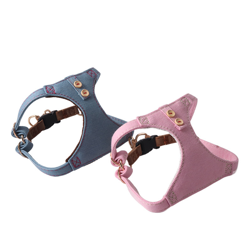New pet supplies: Pure cotton denim series, denim button chest and shoulder strap, dog leash vest details Picture