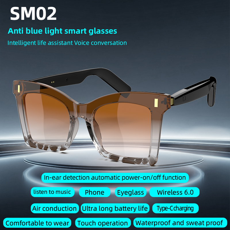 The brown gradient lens smart glasses support Bluetooth calls, multi-functional touch control and recharging Specification image
