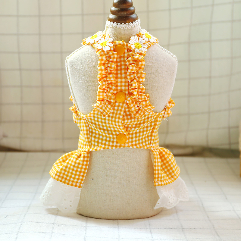 New summer clothing for pets, dogs and cats, flower mini blue checkered sun lace dress, pet supplies details Picture
