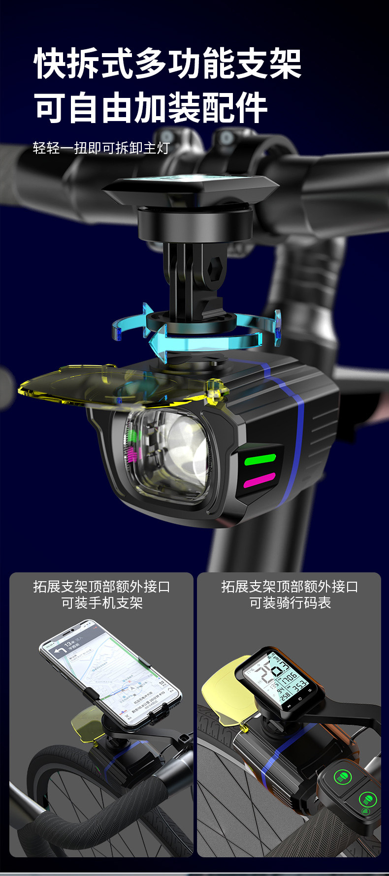 KXK-K4单车前灯自行车灯吊装灯无线遥控骑行灯户外远近光灯充电夜骑前灯详情16