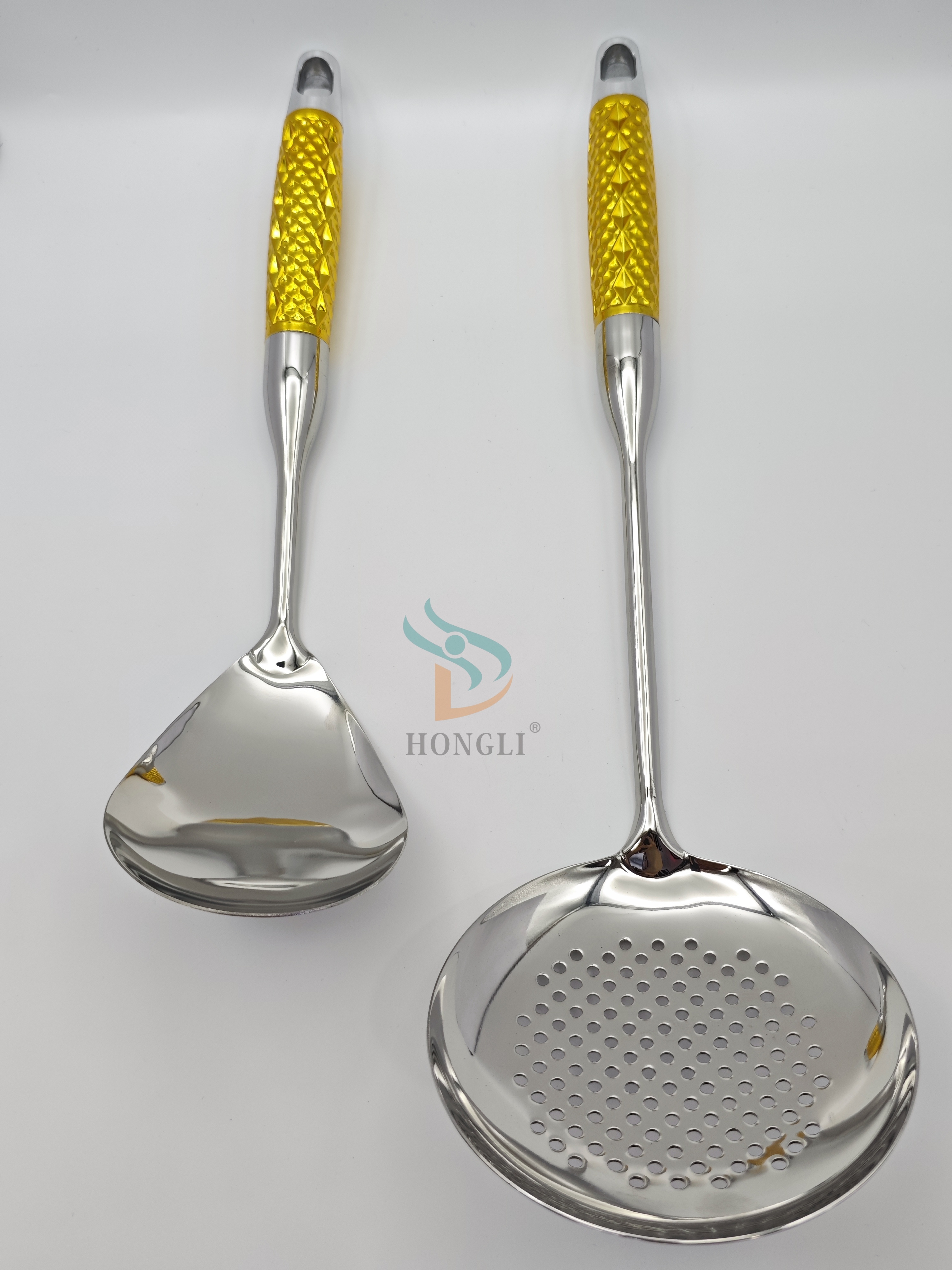 Golden diamond handle high mirror throwing soup spoon, stainless steel soup spoon, kitchenware, stir-frying spatula, leak-frying spatula, fine kitchenware Specification image