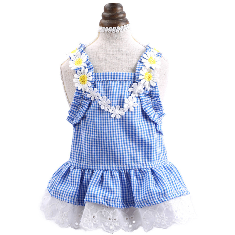 New summer clothing for pets, dogs and cats, flower mini blue checkered sun lace dress, pet supplies Item Picture