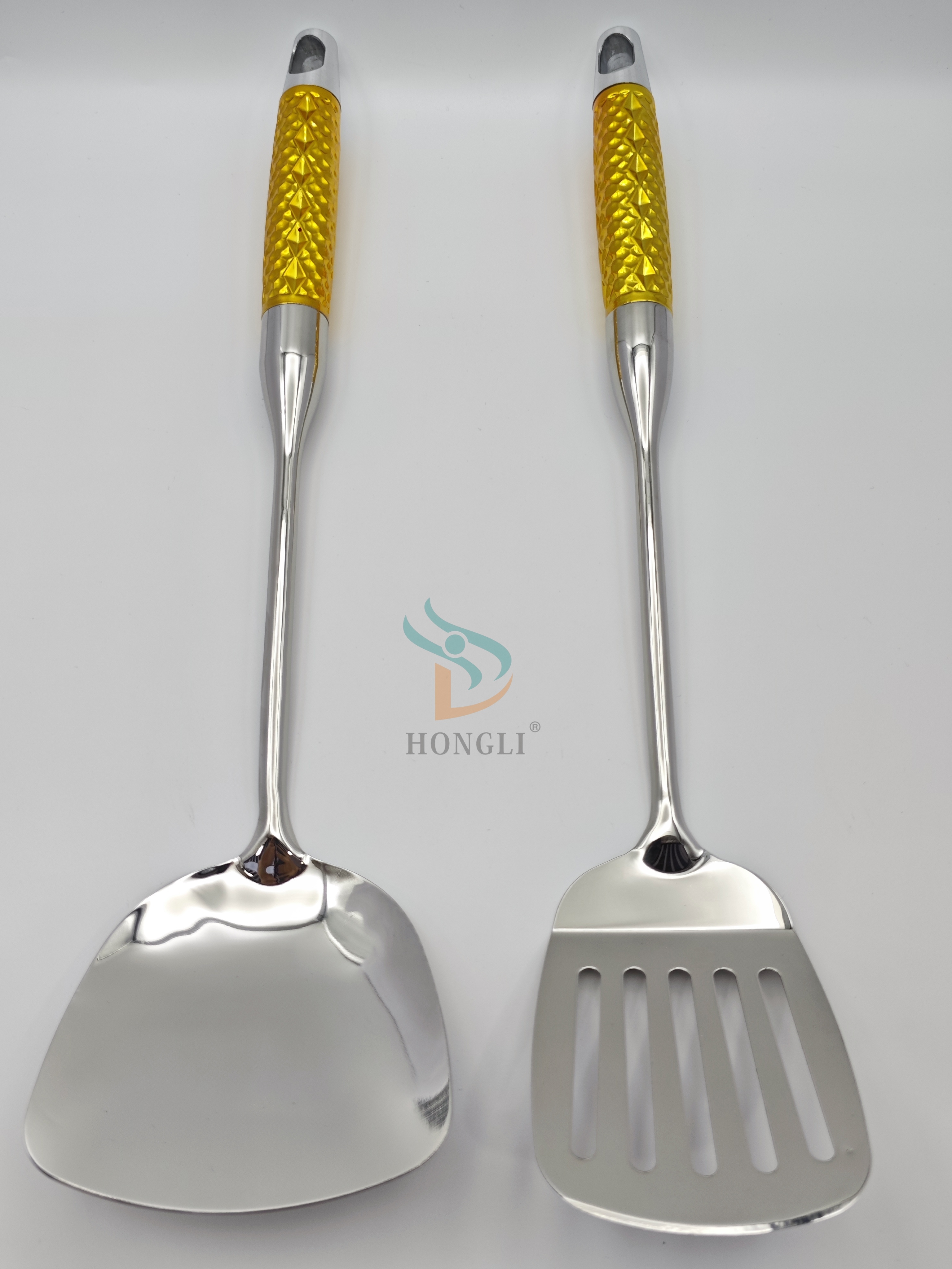 Golden diamond handle high mirror throwing soup spoon, stainless steel soup spoon, kitchenware, stir-frying spatula, leak-frying spatula, fine kitchenware details Picture