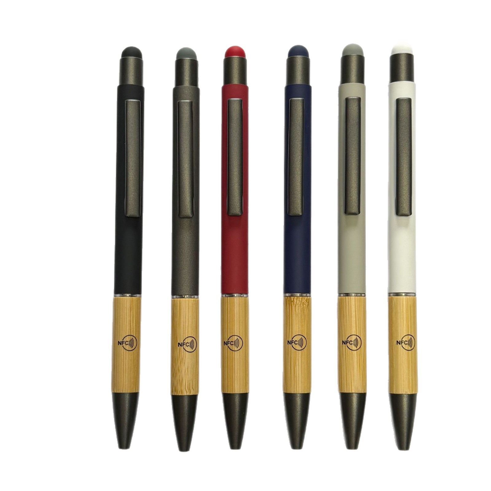 NFC bamboo and wood pen, eco-friendly ballpoint pen, metal capacitive touch pen, aluminum pen, hotel advertising gift ballpoint pen, NFC smart ballpoint pen with NFC chip, can be leaned against by mobile phone Application Scenario