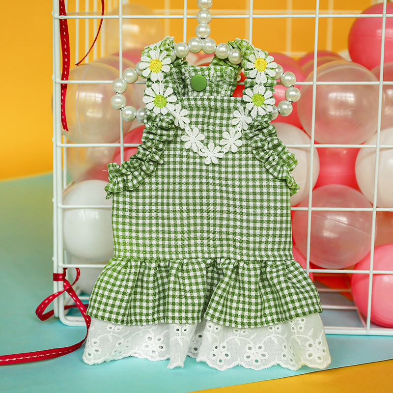 New summer clothing for pets, dogs and cats, flower mini blue checkered sun lace dress, pet supplies Application Scenario