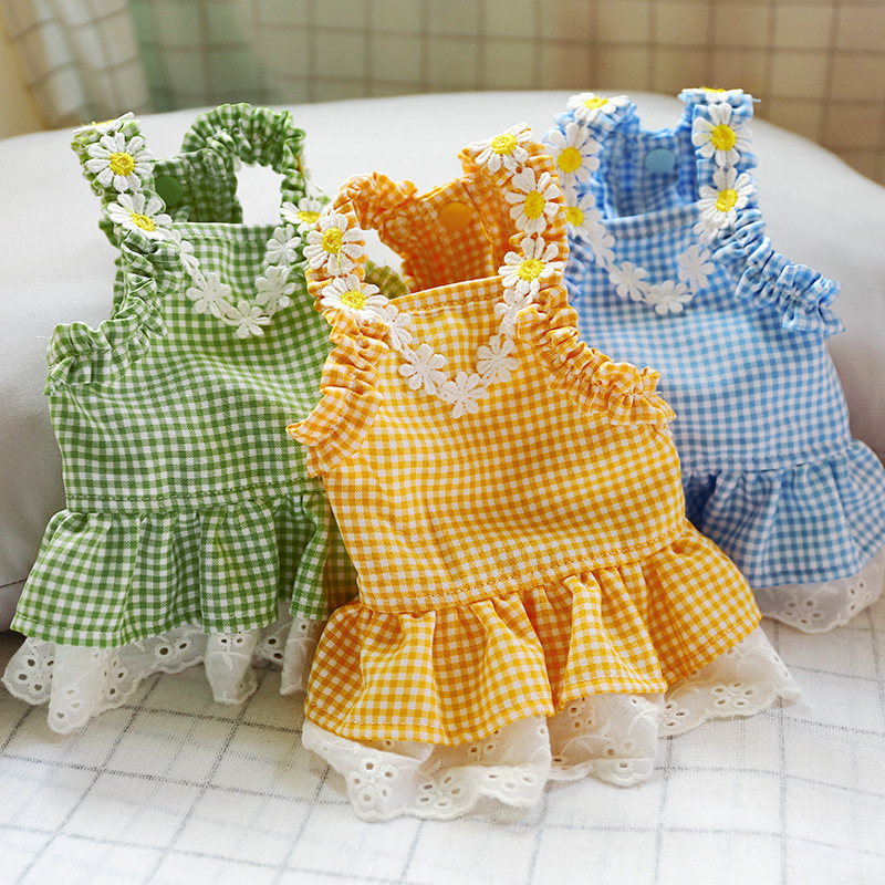 New summer clothing for pets, dogs and cats, flower mini blue checkered sun lace dress, pet supplies