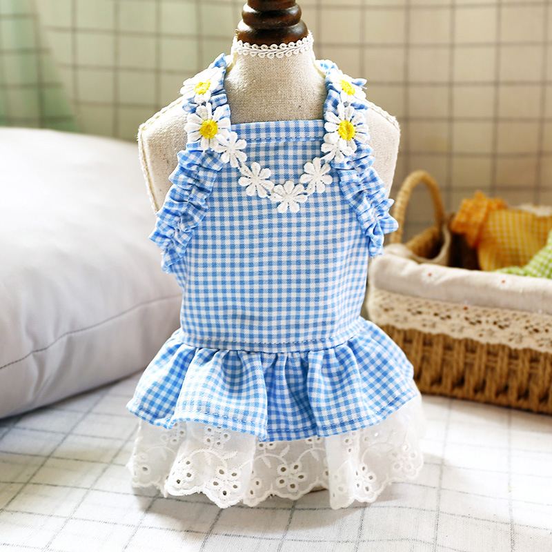 New summer clothing for pets, dogs and cats, flower mini blue checkered sun lace dress, pet supplies Specification image