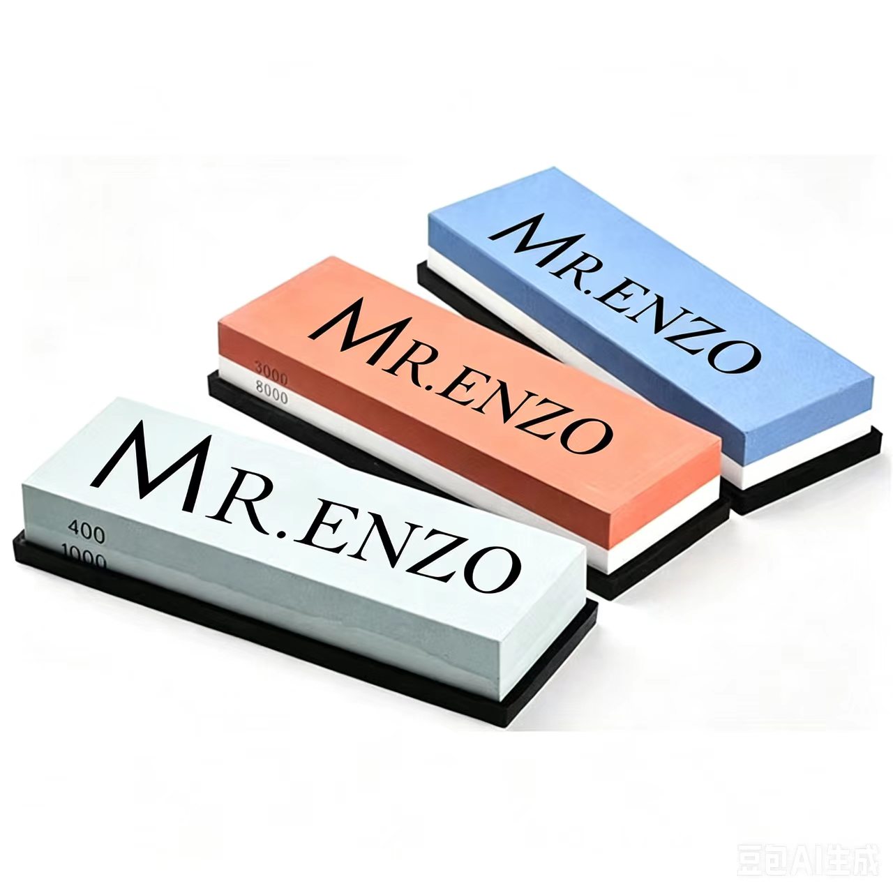 MR.ENZO color piedra de afilar juego de tres piezas de doble cara gris claro naranja rojo azul claro 400 1000 3000 8000 negro base details Picture
