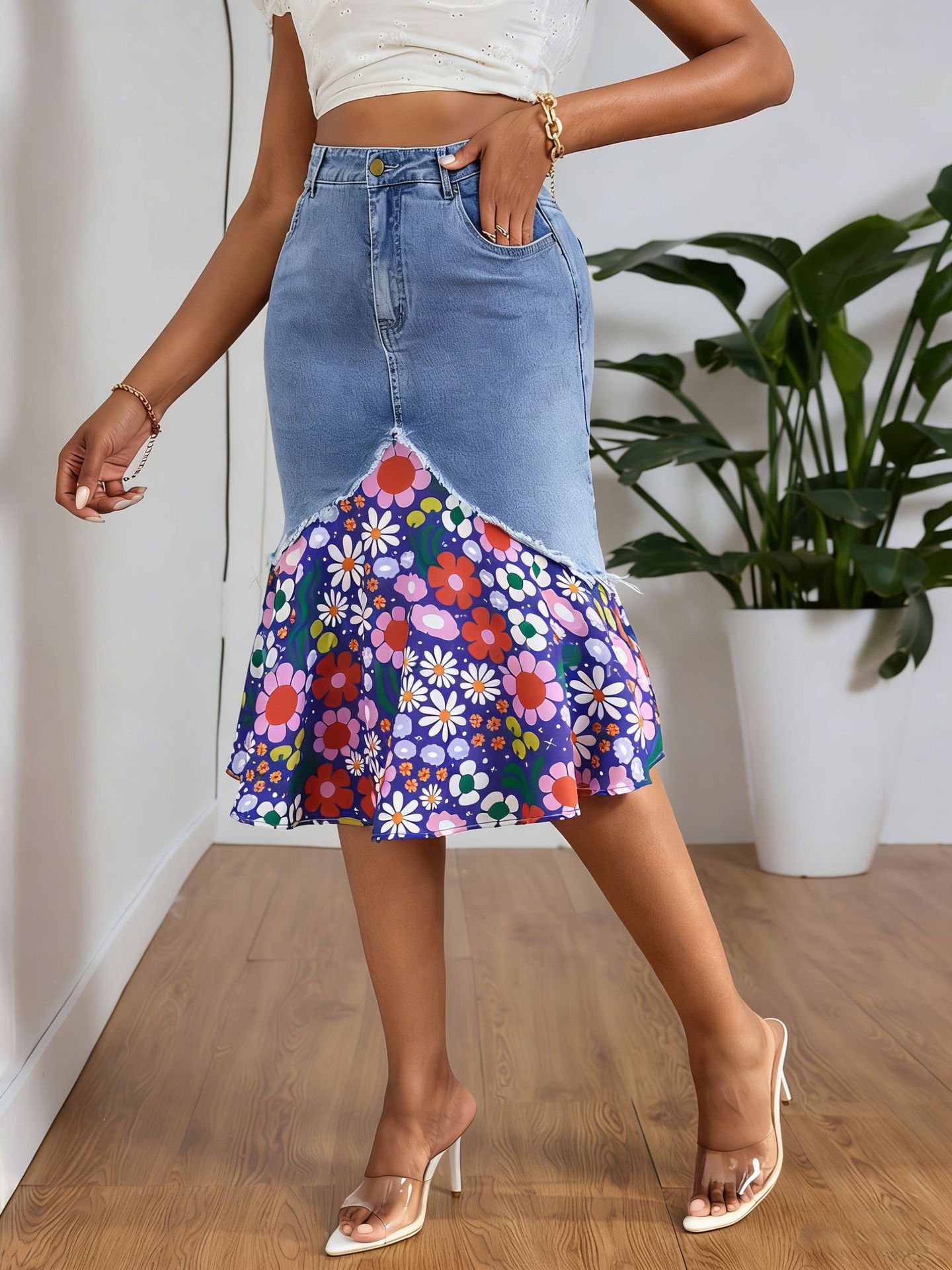 2026 New European and American cross-border denim print patchwork Bohemian fishtail skirt, denim skirt, women's short skirt
