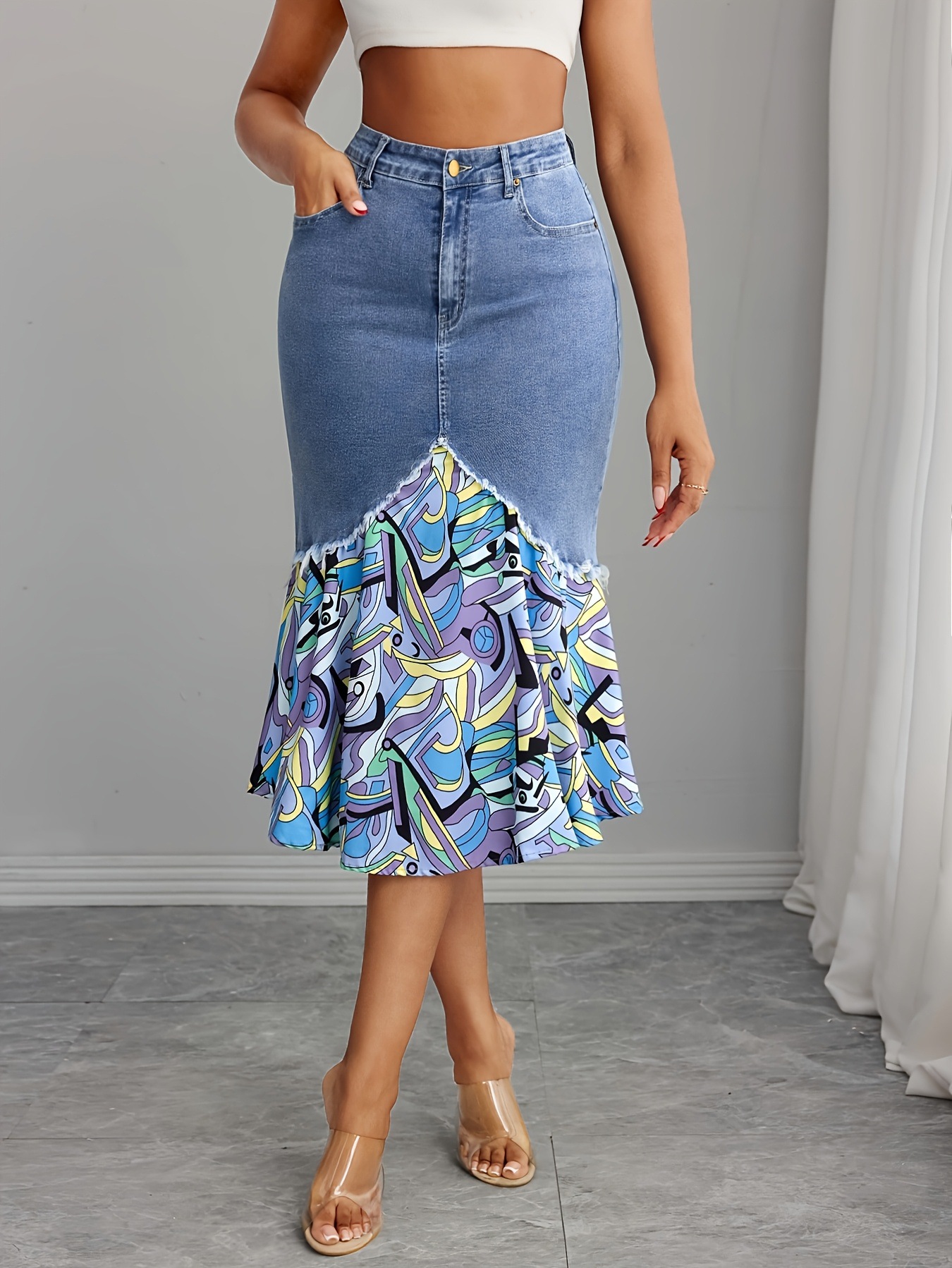 2026 New European and American cross-border denim print patchwork Bohemian fishtail skirt, denim skirt, women's short skirt Item Picture