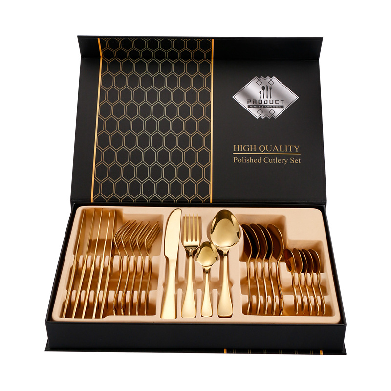 Golden Western tableware Gift Box set, 24 pieces of stainless steel knife, fork and spoon exquisite gift box, black honeycomb pattern gift box details Picture