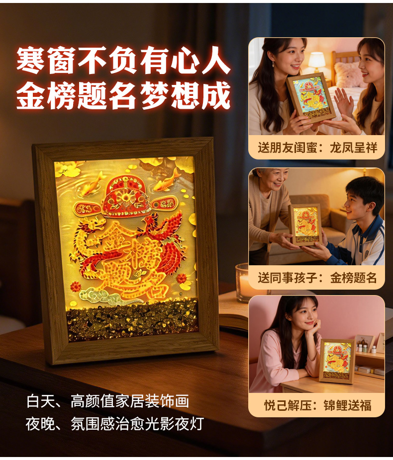 《金榜题名》8寸流沙钻石灯光画氛围感桌面摆件艺术文创礼品详情8