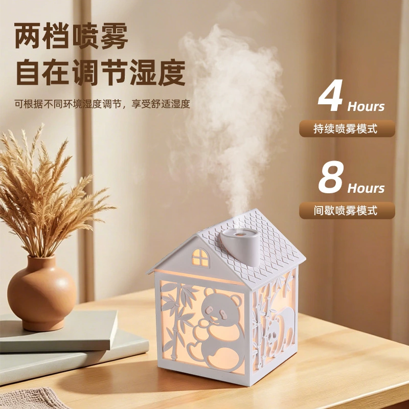 The new cross-border foreign trade wooden house humidifier features a creative seven-color ambient light, thick fog volume spray, and a desktop humidifier detail image 5