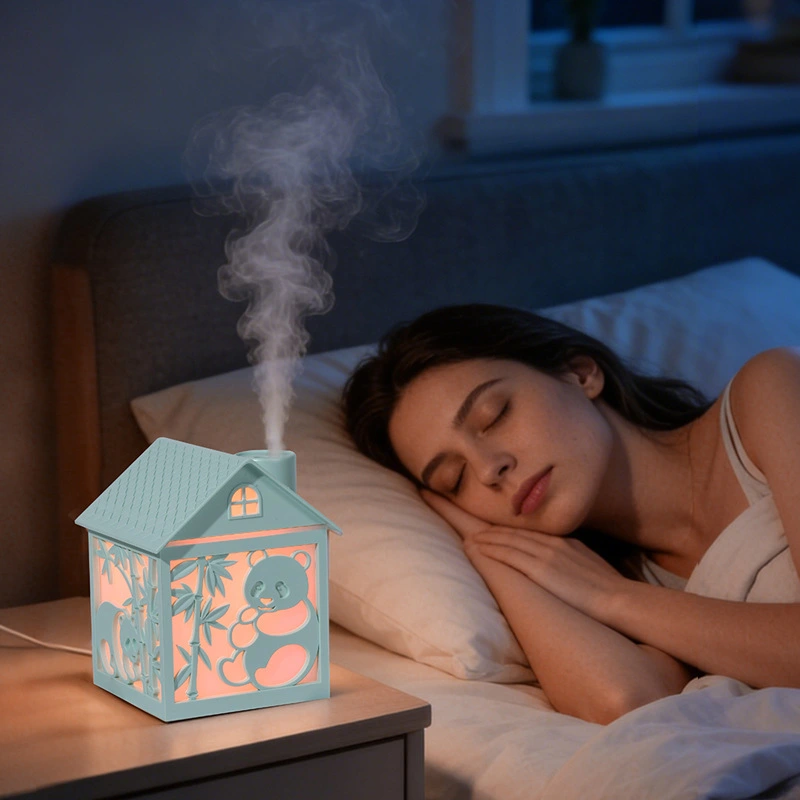 The new cross-border foreign trade wooden house humidifier features a creative seven-color ambient light, thick fog volume spray, and a desktop humidifier detail image 4