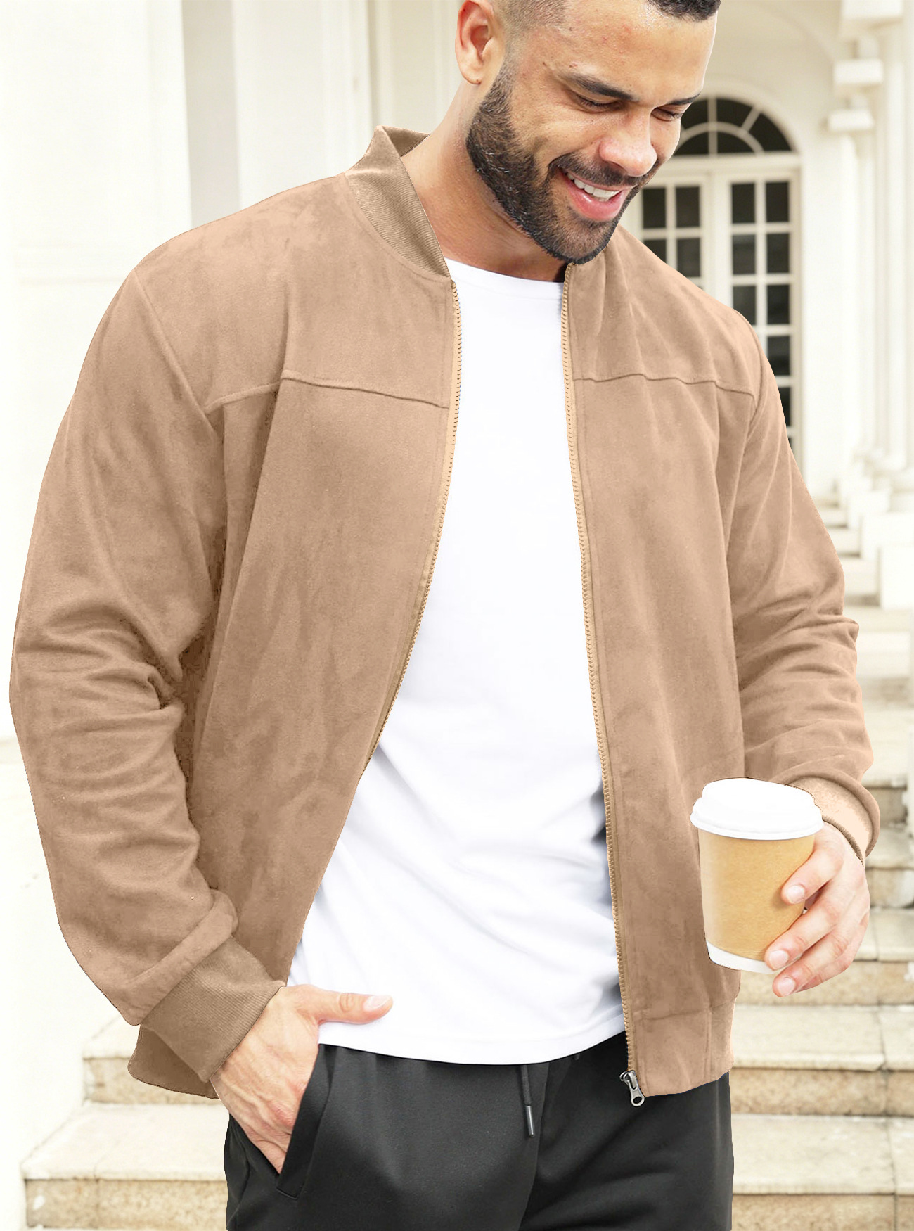 2026 Cross-border European and American men's suede solid color casual sporty stand-up collar zipper jacket, large size mid-stretch long-sleeved coat cardigan Application Scenario