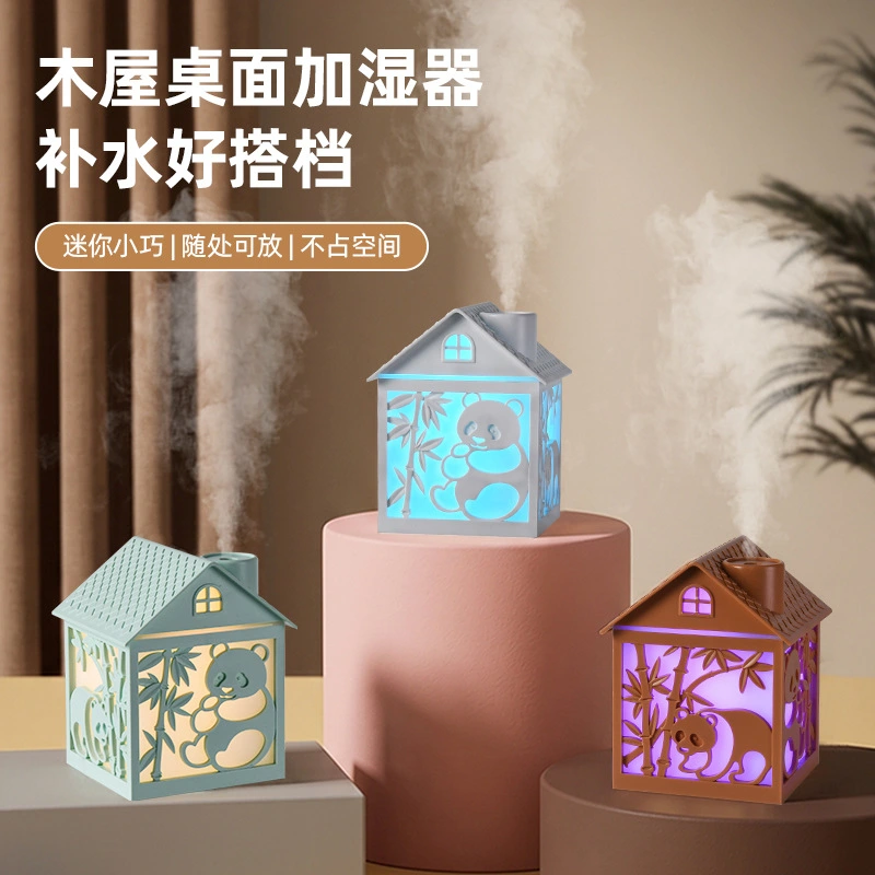 The new cross-border foreign trade wooden house humidifier features a creative seven-color ambient light, thick fog volume spray, and a desktop humidifier detail image 3
