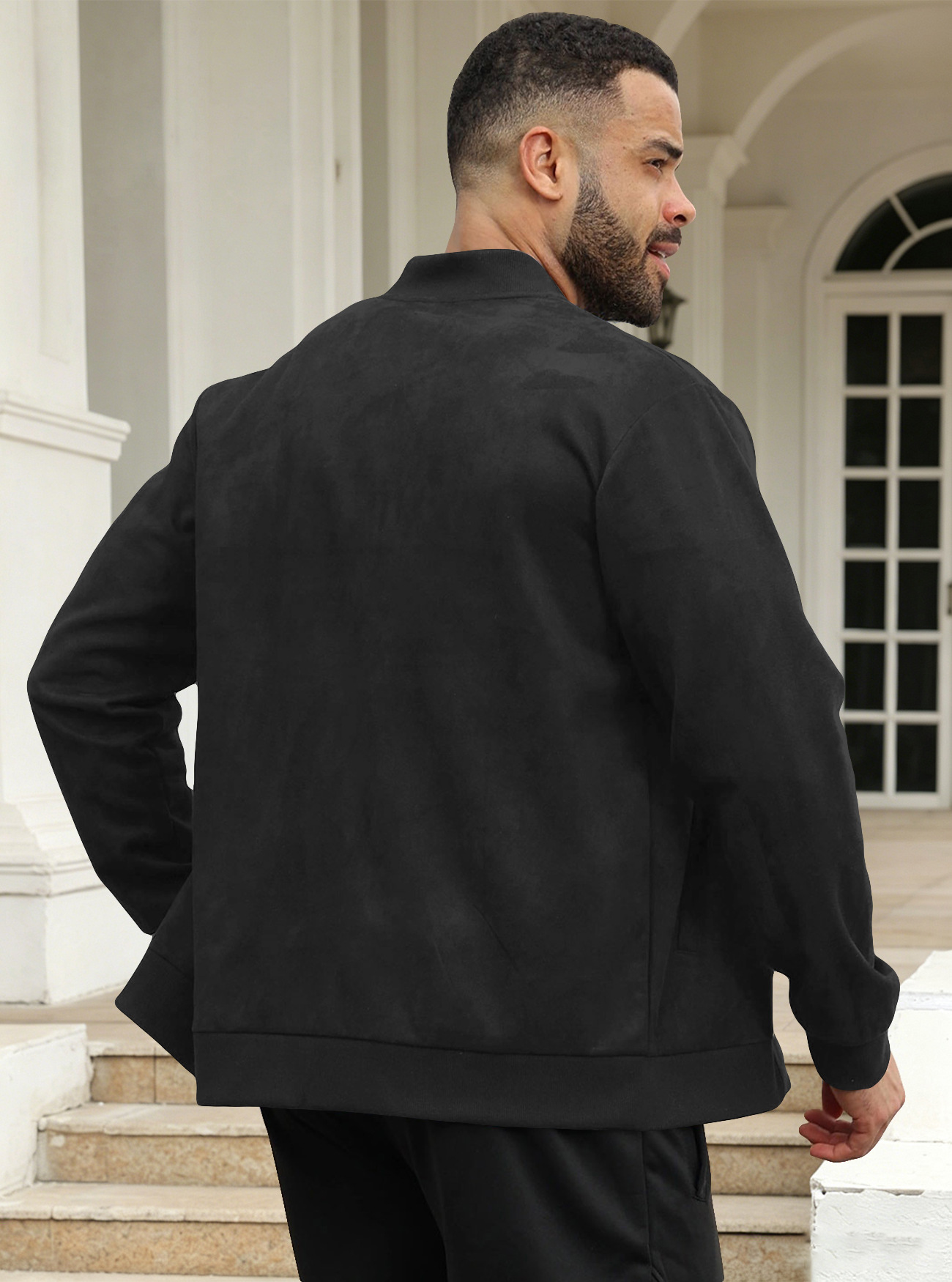 2026 Cross-border European and American men's suede solid color casual sporty stand-up collar zipper jacket, large size mid-stretch long-sleeved coat cardigan Item Picture