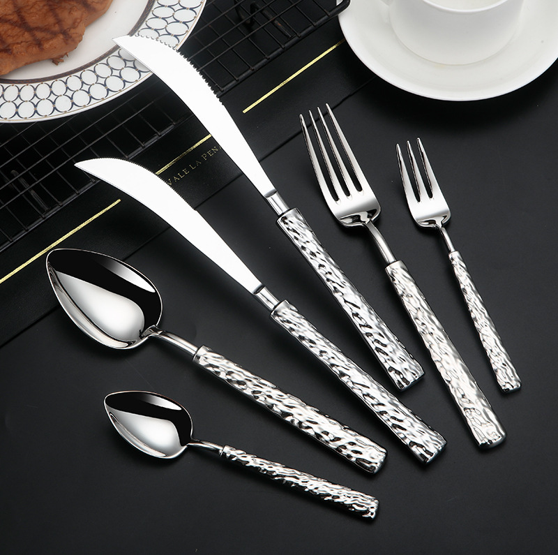 Plata martillado 304 forjado boutique acero inoxidable vajilla set de mesa de restaurante de lujo hotel pic 13