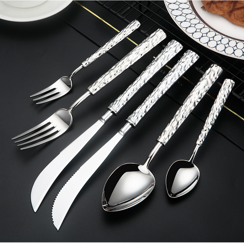 Plata martillado 304 forjado boutique acero inoxidable vajilla set de mesa de restaurante de lujo hotel pic 10