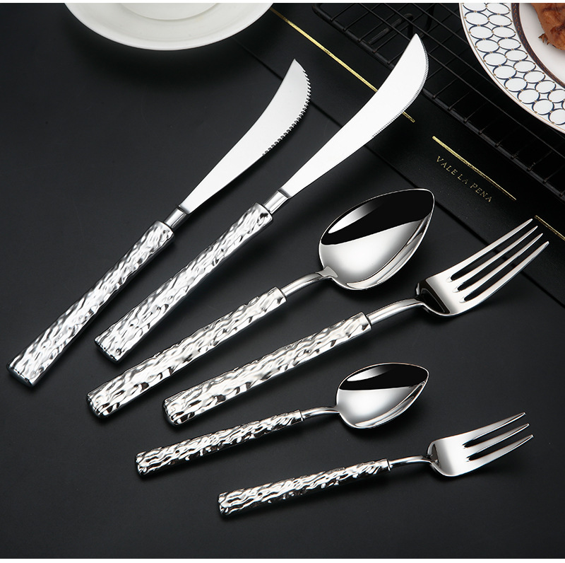 Plata martillado 304 forjado boutique acero inoxidable vajilla set de mesa de restaurante de lujo hotel pic 9