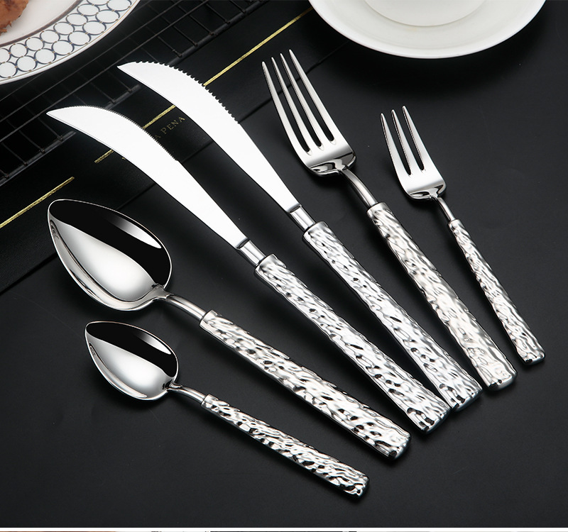 Plata martillado 304 forjado boutique acero inoxidable vajilla set de mesa de restaurante de lujo hotel pic 12