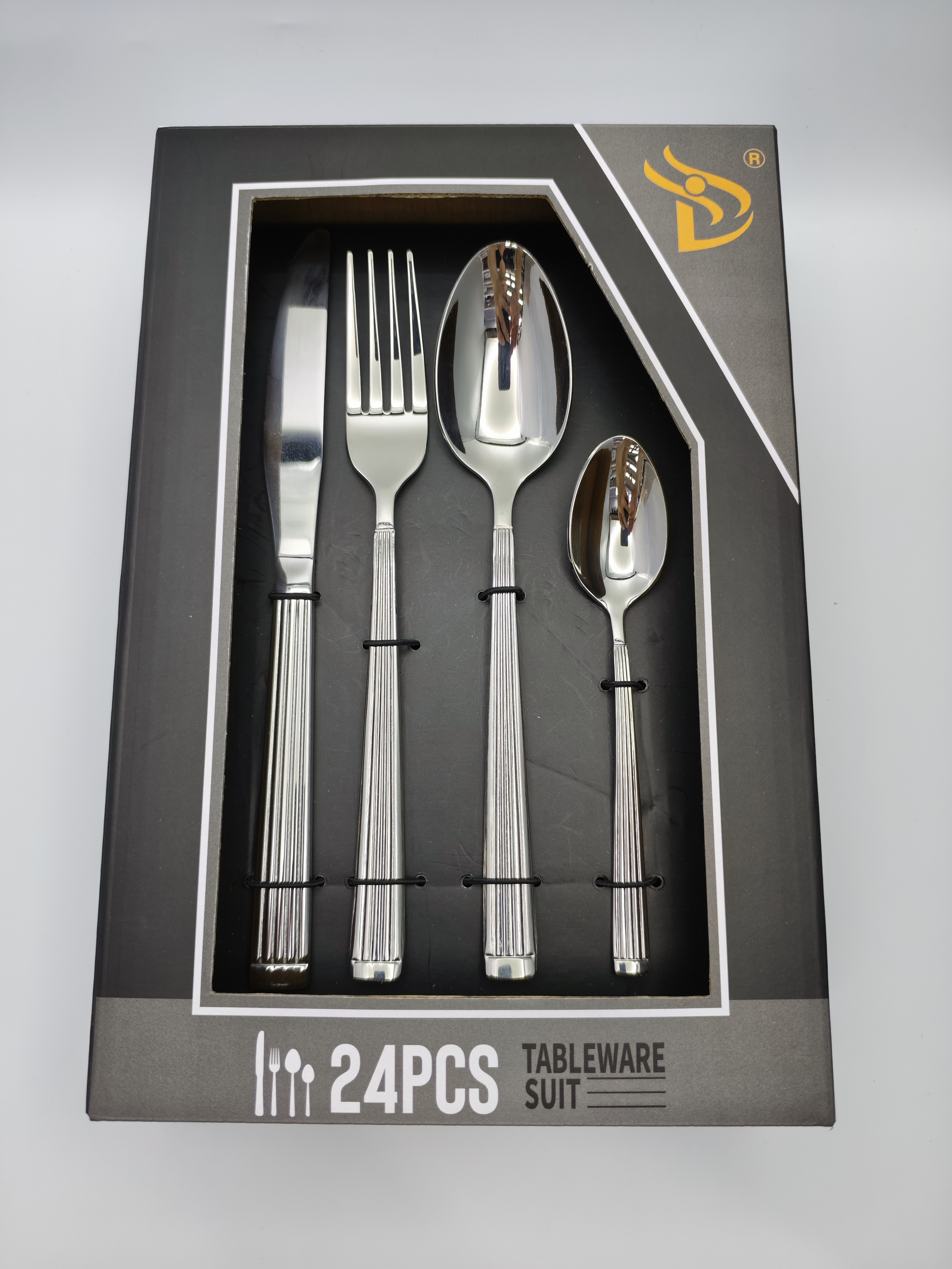 Silver stainless steel hotel knife and fork set, including knife and fork, large and small spoons, black gift box, 24pieces set of fine products Specification image