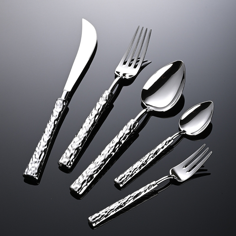 Silver hammer-textured 304 forged high-quality stainless steel tableware, high-end restaurant and hotel tableware sets details Picture