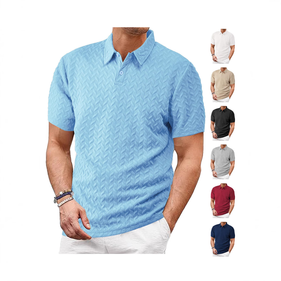 Cross-border men's clothing, European and American summer thin, breathable, sweat-wicking, loose and casual solid color jacquard fabric men's short-sleeved Polo shirt