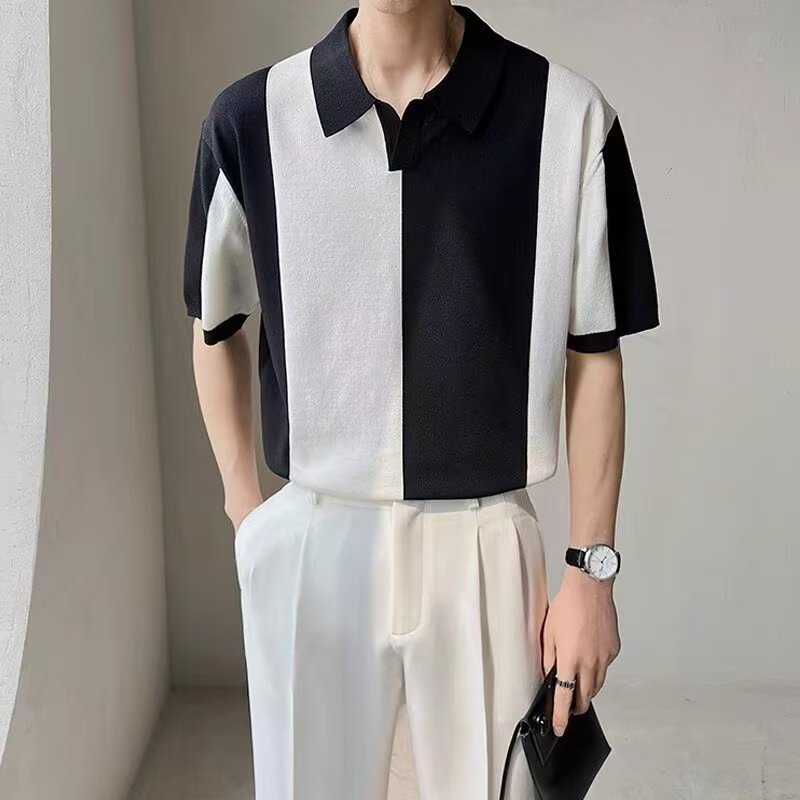 2026 Trendy brand high-end short-sleeved ice silk knitted sweater men's summer British color-blocked striped fashionable lapel T-shirt