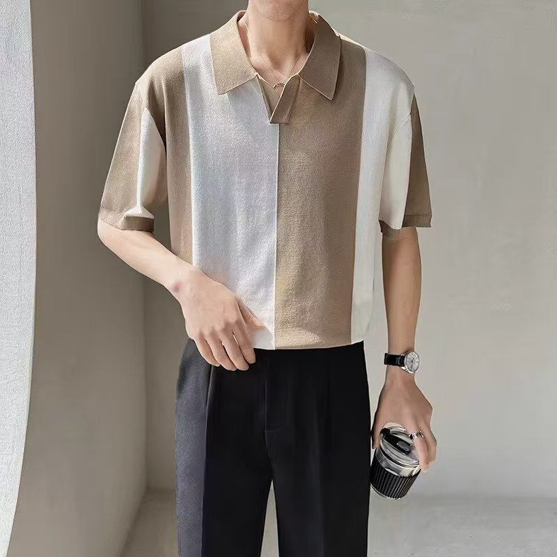 2026 Trendy brand high-end short-sleeved ice silk knitted sweater men's summer British color-blocked striped fashionable lapel T-shirt Application Scenario