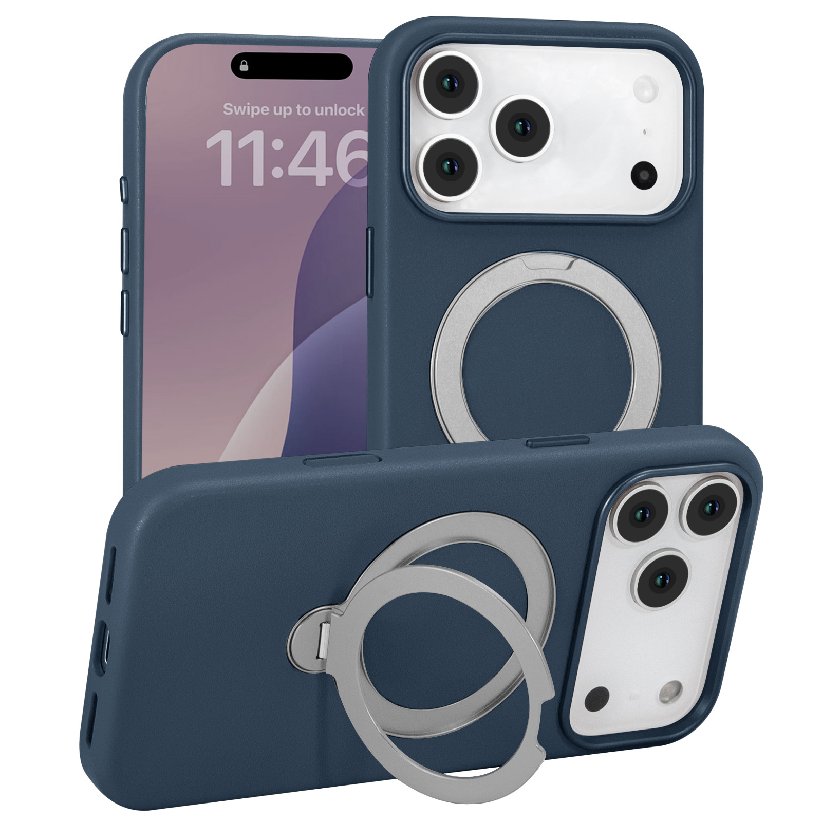 深蓝色适用苹果18手机壳磁吸支架手机壳商务iPhone18pro真皮手机壳定制