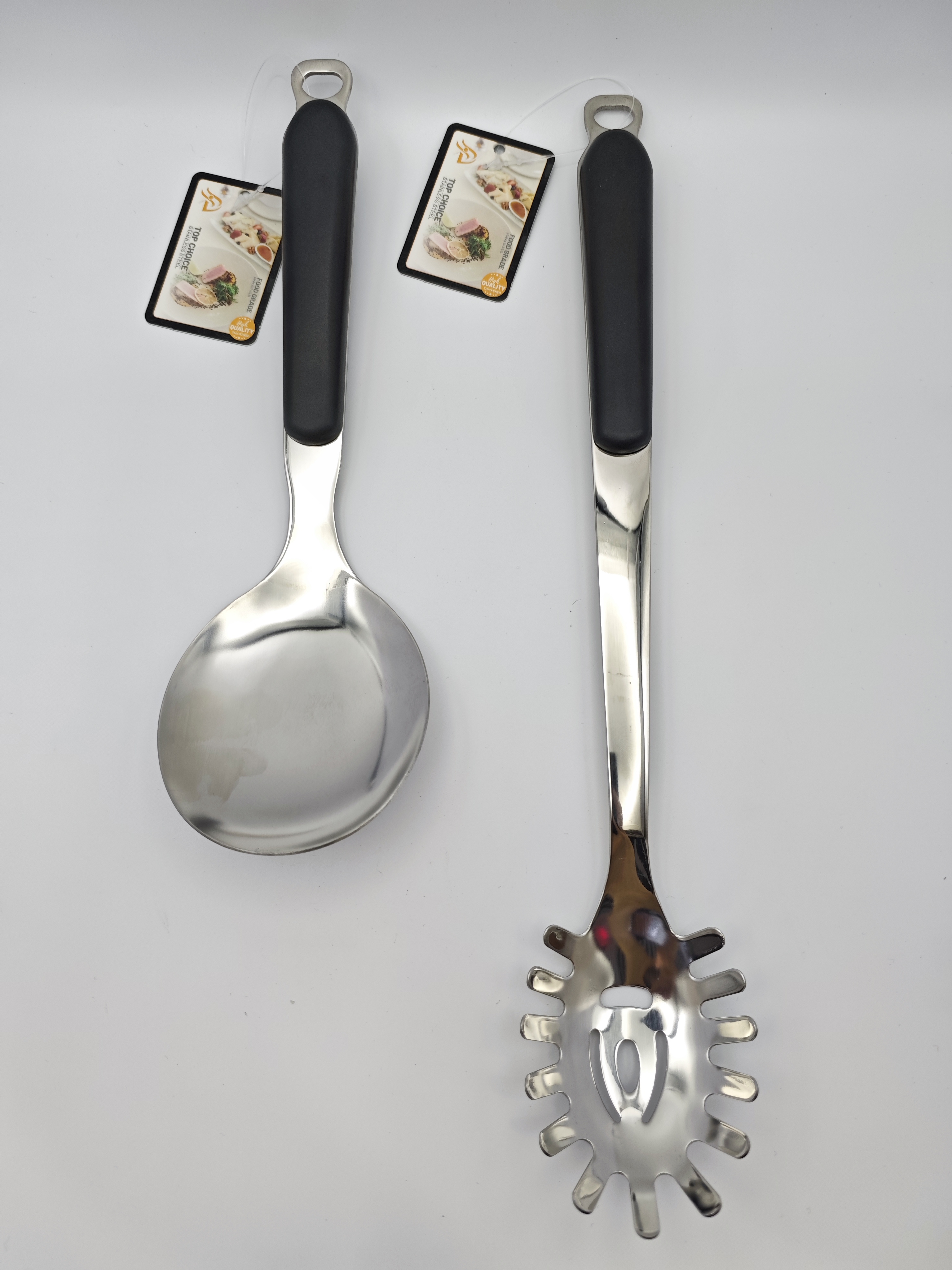 Silver stainless steel black handle soup spoons and rice spoons with labels, high-quality shiny spatulas and rice spoons, hotel and restaurant kitchenware Specification image