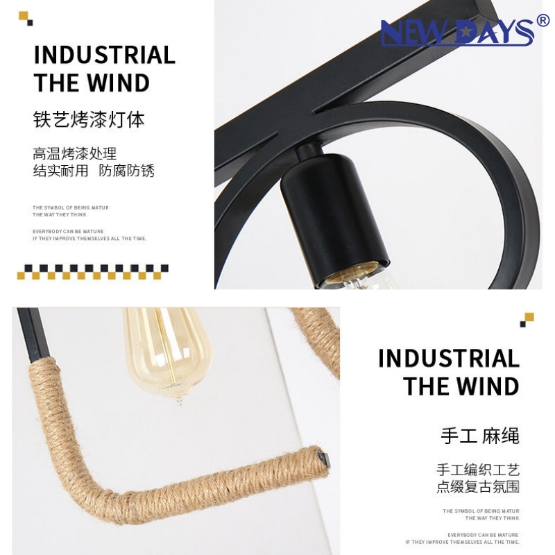 NEWDAYS brand cross-border new products: led retro industrial style rope pendant lamp, ironwork hood bar table lamp, Love-shaped decorative lighting atmosphere lamp, small pendant lamp, lighting art lamp, Nordic style details Picture