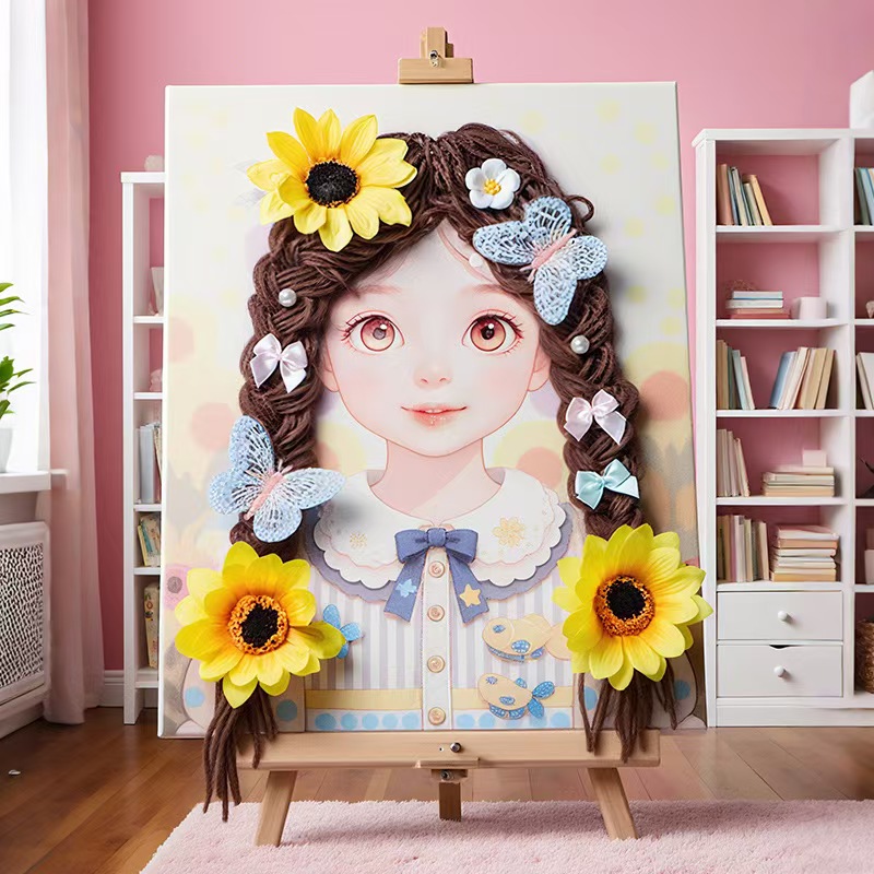 DIY毛线画手工粘贴带框女孩卡通装饰画精致立体