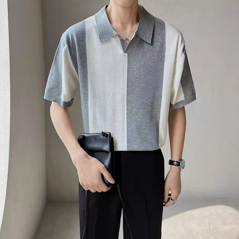 2026 Trendy brand high-end short-sleeved ice silk knitted sweater men's summer British color-blocked striped fashionable lapel T-shirt Item Picture