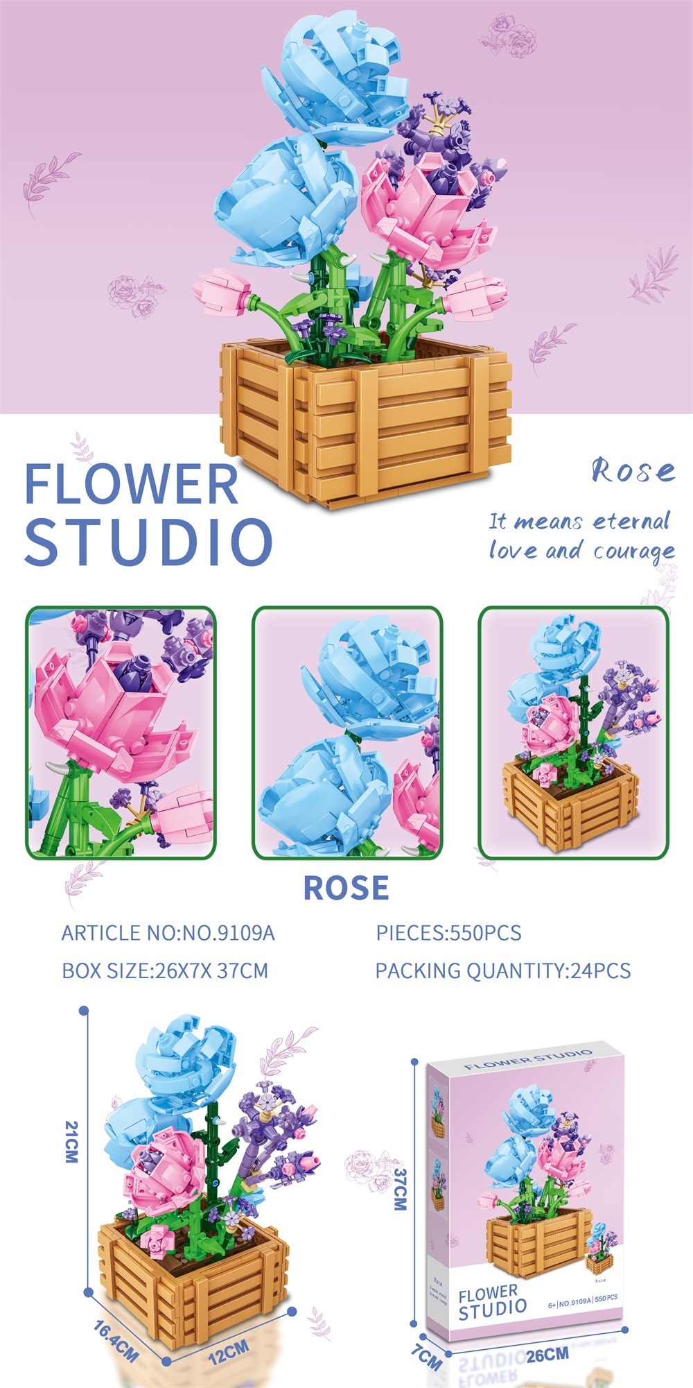 Flower Series Small Particle building Blocks - Rose 550PCS- Craft UV Color box