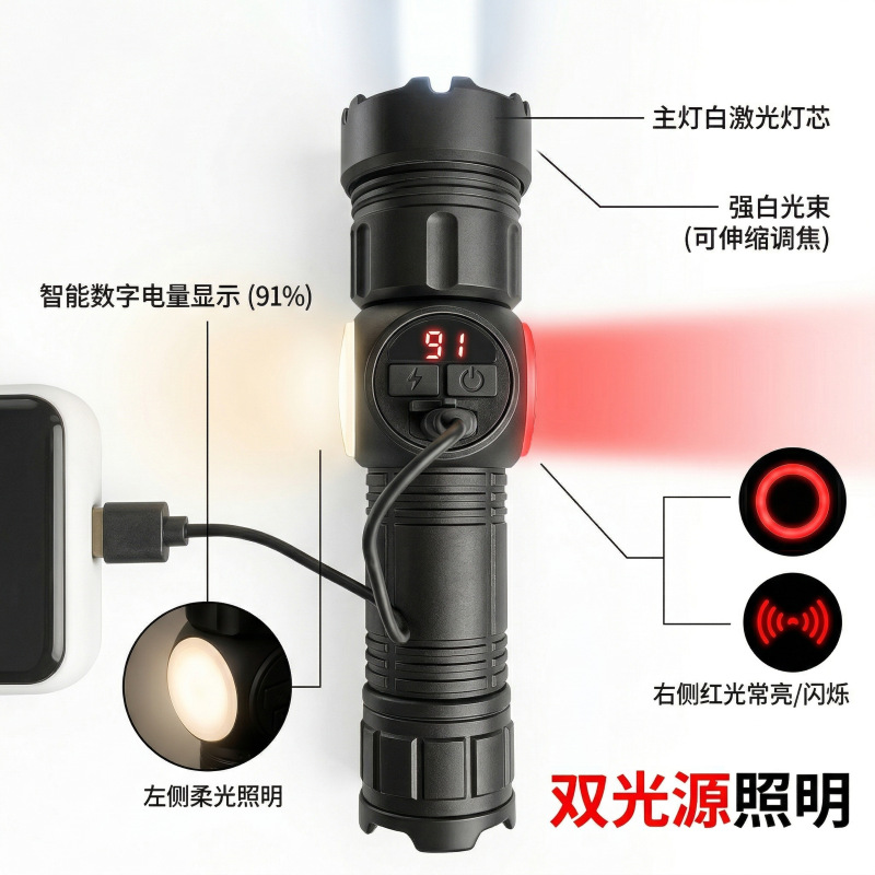 跨境新款大功率强光手电筒户外手握式多功能数显伸缩强磁应急侧灯