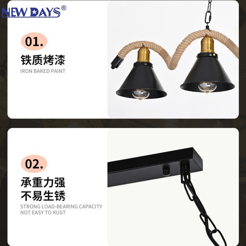 NEWDAYS brand cross-border new products: led retro industrial-style hemp rope pendant lamps, iron cover bar table lamps, energy-saving high-brightness ambient lighting, small pendant lamps, lighting art lamps, Nordic style Specification image
