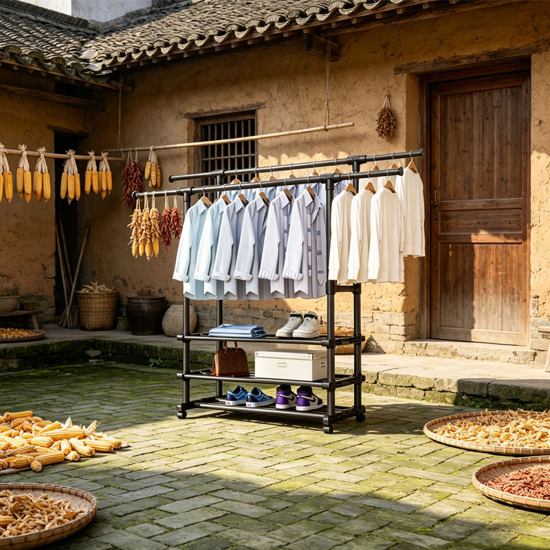 厂家批发黑色简易可伸缩晾衣架家用可移动衣服鞋子收纳架