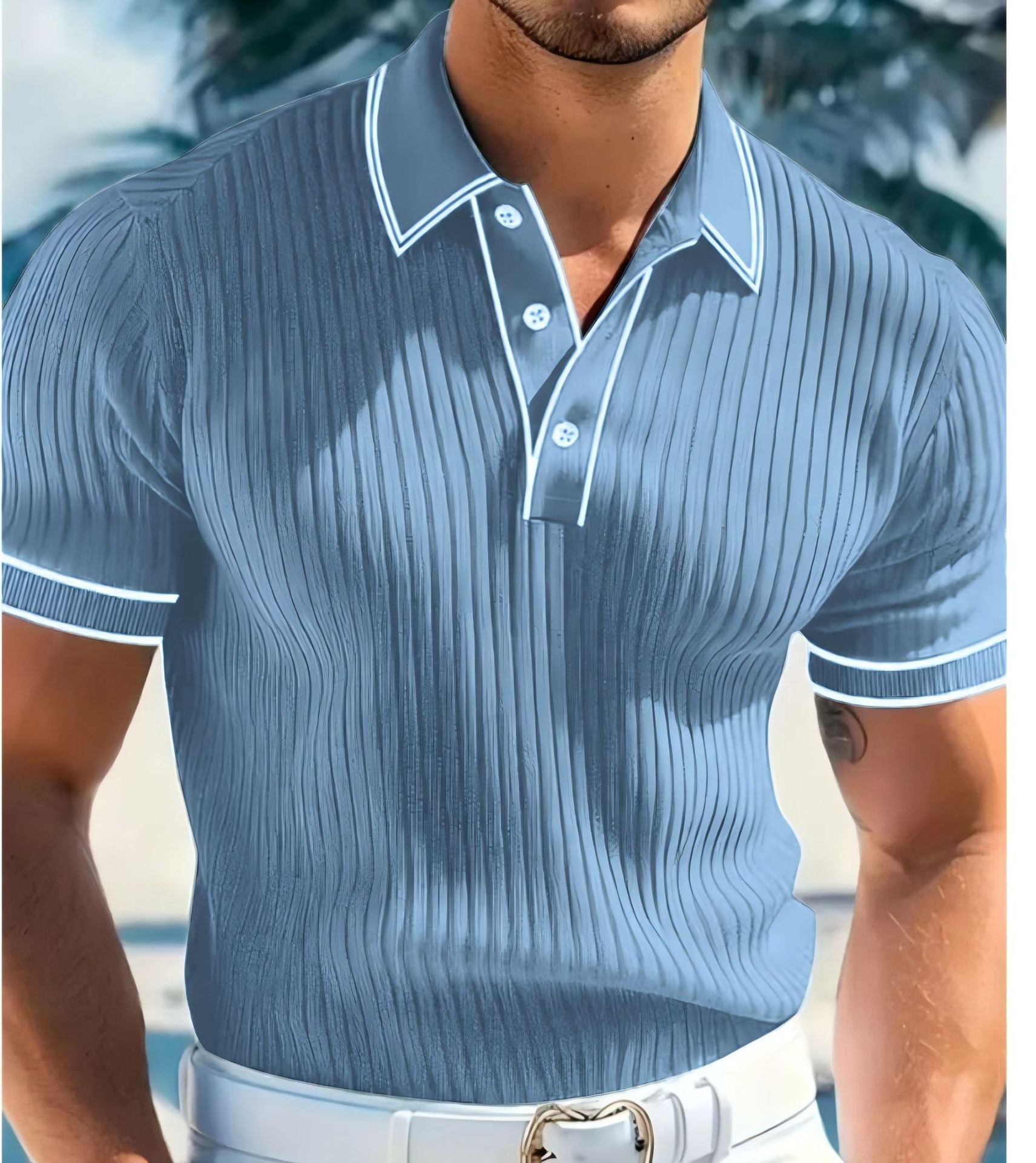Cross-border Amazon men's new short-sleeved summer men's cross-border color-blocked striped polo shirt for Europe and America Application Scenario